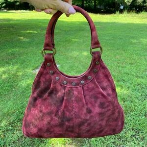 MAURIZIO TAIUTI ITALY BAG HAND RED SUEDE LEATHER BRONZE COLOR STUDS SNAP TOP
